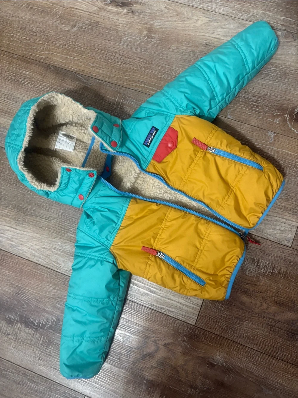 Patagonia Reversible Kids Jacket in Teal, Mustard & Cream Tribbles 3T